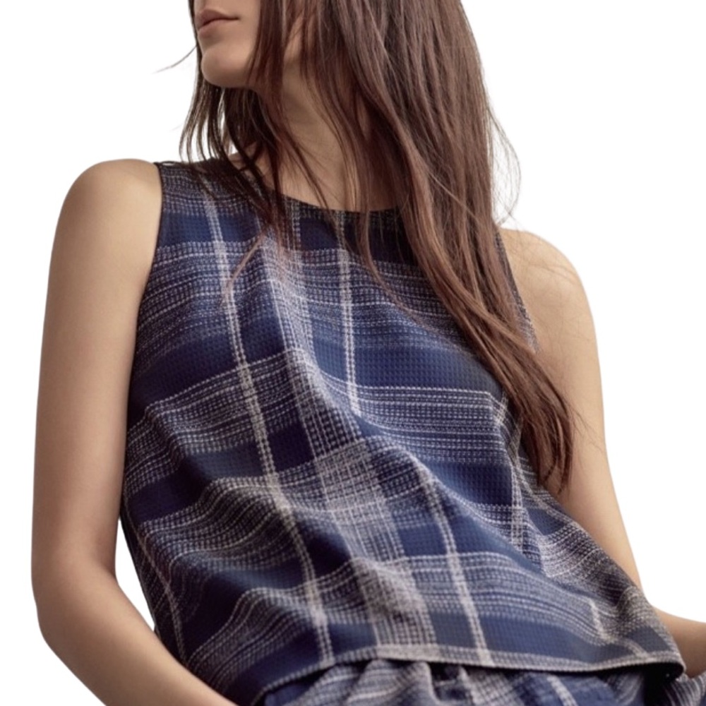 Mango Casual Check Plaid Sleeveless Academia Top - 4 - Navy Blue, Gray, White
